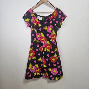 1980s-90s Arnold Scaasi Vintage Bright Pink Red Black Floral Print Silk Dress 10